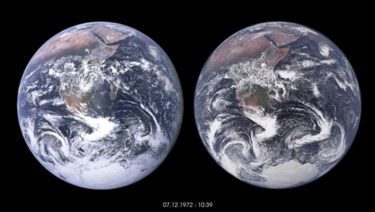 MeteoSwiss makes ICON climate and weather model publicly available The globe on the left shows the famous "Blue Marble" photo of Earth taken by NASA astronauts during the Apollo 17 mission in 1972. The globe on the right shows a visualization of data from an ICON simulation with a 1km grid for atmosphere, land and ocean.