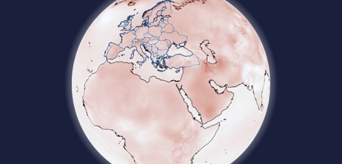 A screenshot from the Copernicus Interactive Climate Atlas, which shows a red globe.