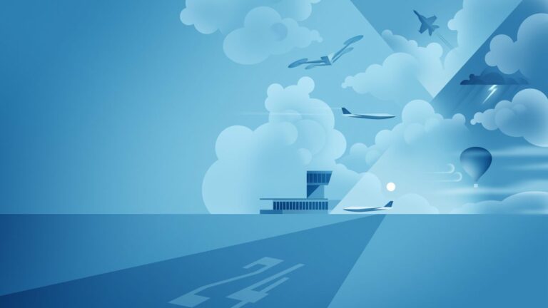A blue graphic of a plane parked outside an airport, with a runway in the foreground and aircraft navigating the storms in the sky.