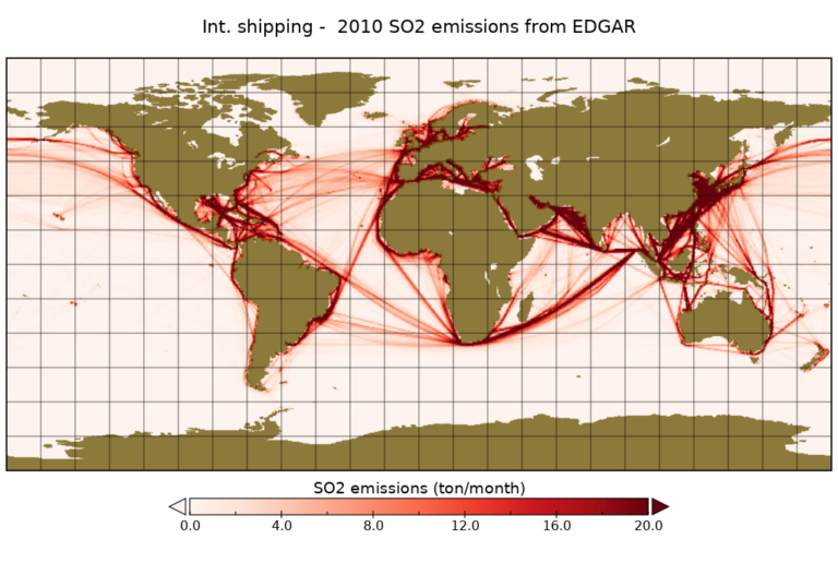 EUMETSAT and Royal Netherlands Meteorological Institute study demonstrates shipping pollution’s effect on clouds A EUMETSAT diagram of Earth, with red lines across popular shipping routes to depict shipping pollution hotspots.