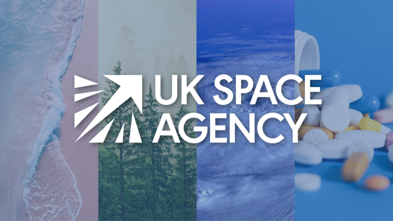 UK Space Agency invests £1.8m in satellite technology A graphic that says "UK Space Agency", against a background of four images – a beach, a forest, clouds and a bottle of pills.