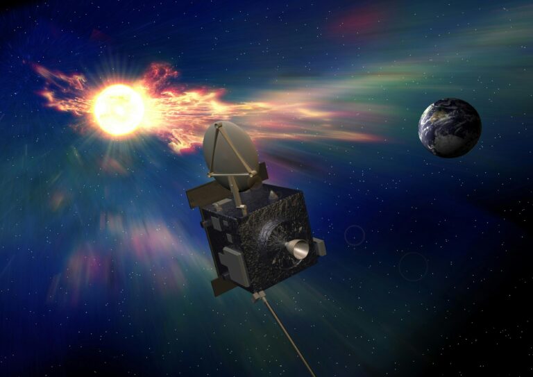 European Space Agency selects Airbus space weather spacecraft mission Vigil A render with the Vigil spacecraft in the foreground, with a solar storm on the left and the Eath on the right.