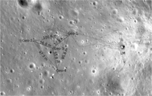 A close-up image of the Moon with lines and writing and dots.