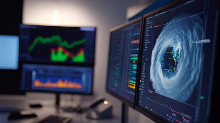 WMO announces action plan on development and use of AI A meteorological office with several screens of maps and graphs and data.