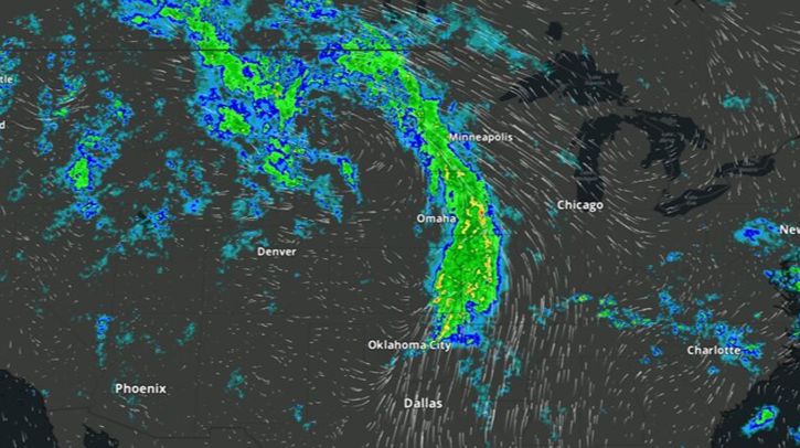 A map showing weather systems in the Rockies, Great Plains and East Coast representing the model output of HRRR-CAST