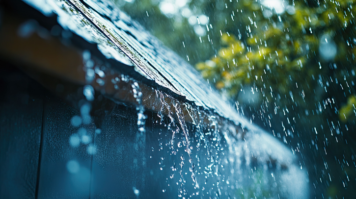 Rain pours off a thin building roof with trees in the background
