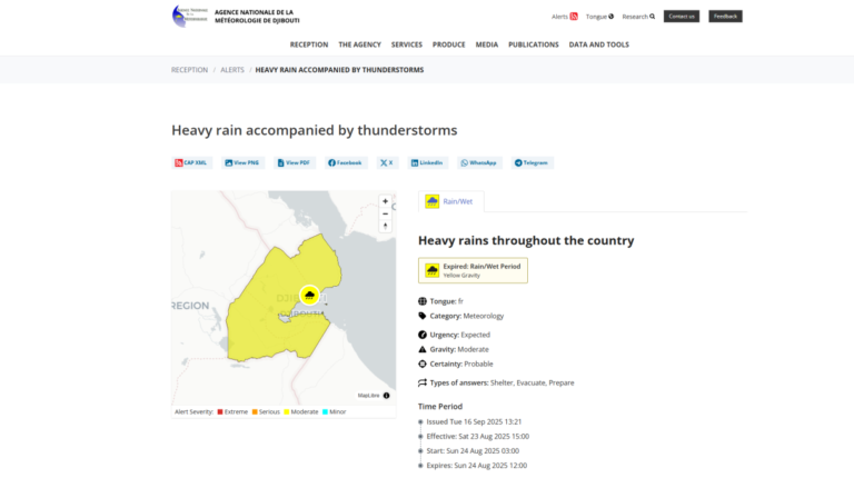 A screenshot of Djibouti's Common Alerting Protocol warning system.