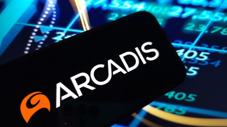 Arcadis logo on top of a composite background image of digital screens, numbers and data flows