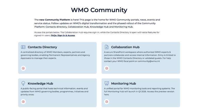 WMO rolls out first portals on new Community Platform The WMO Community Platform website page.