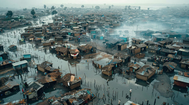 Aerial view of a flooded informal settlement in Nigeria, showcasing the impact of severe weather on the community.