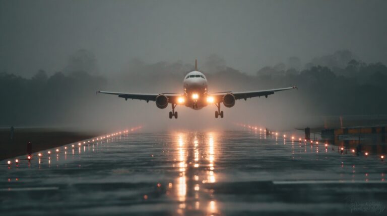 Singapore launches initiative to mitigate weather impacts on aviation A large aircraft comes in to land at a rain-soaked runway with its lights. The runway is wet and the sky is dark with heavy clouds.