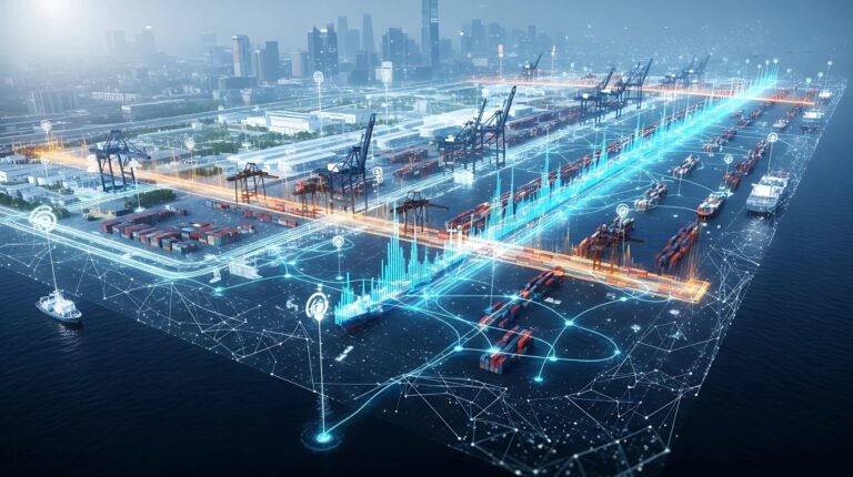 Graphic demonstrating the digital interconnectedness in the maritime industry, depicting vessels, ports and their infrastructure, and tall skyscrapers in a distant urban environment.