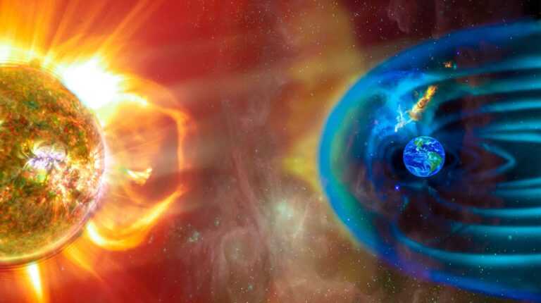 The Sun-Earth connection space weather. Blasts of perticles and magnetic field from the sun impact magnetosphere. Magnetic bubble around the Earth. Elements of this image furnished by NASA.
