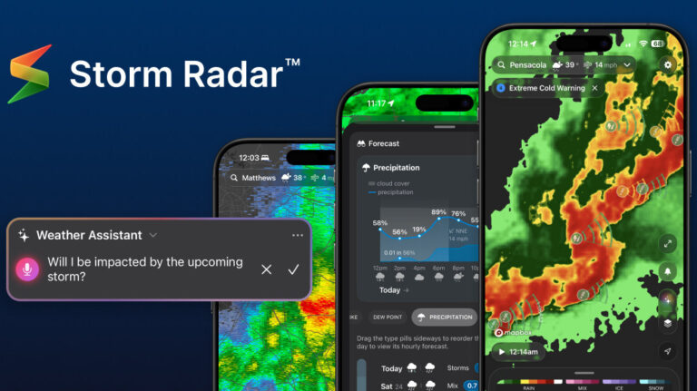 Three smartphones each with a different display from the Weather Company Storm Radar app, on a dark blue background.