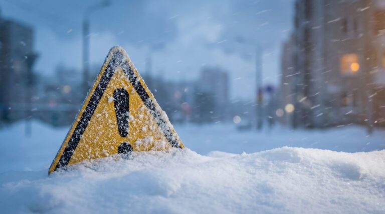A yellow and black road hazard sign on a snow covered street.