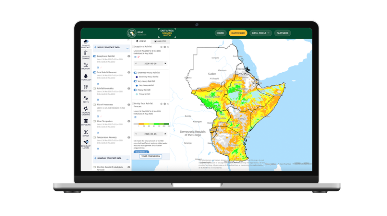 A ICPAC map of East Africa with various climate and weather information displayed.