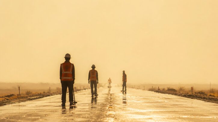 Workers in safety vests walk along sunlit road, facing heat and stress from environment, showcasing determination and resilience.